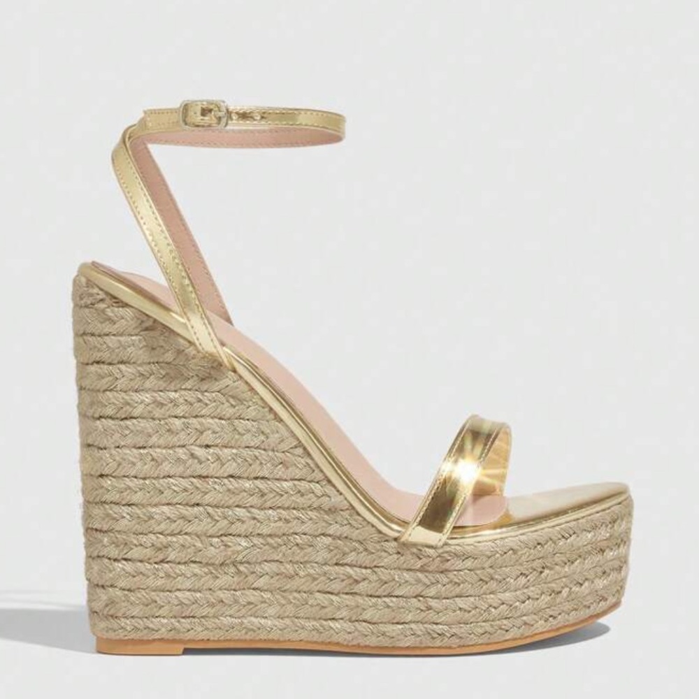 Women Shoes Fashion Metallic Ankle Strap Lightweight Vacation Gold Wedge Sandals - Picture 5 of 6